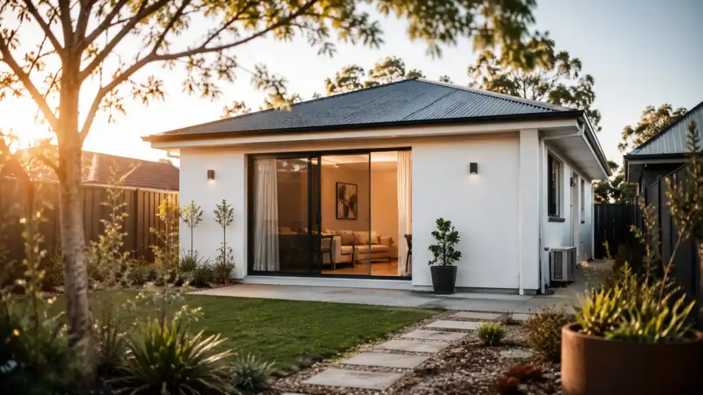 A modern granny flat in a Perth suburban backyard with rendered white walls and native garden