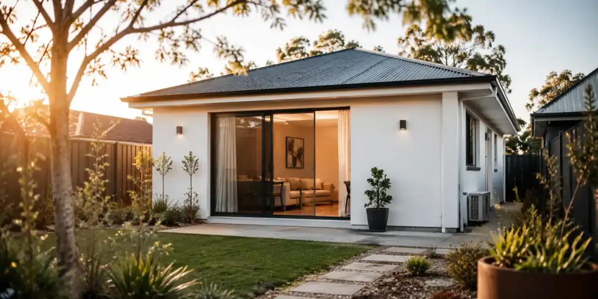 A modern granny flat in a Perth suburban backyard with rendered white walls and native garden