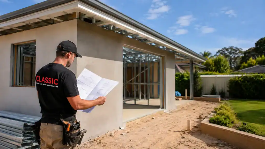 A new granny flat being built in a Perth backyard with a builder checking plans on site