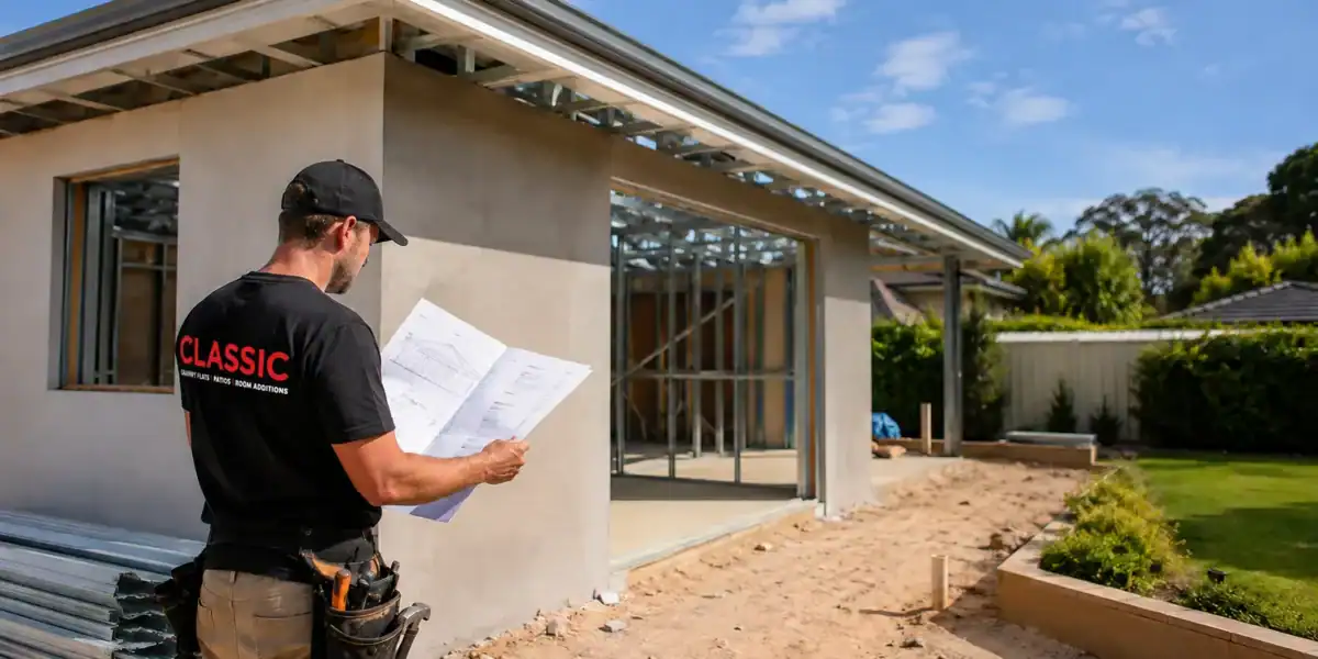 A new granny flat being built in a Perth backyard with a builder checking plans on site