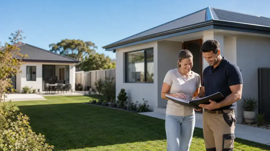 A finished granny flat behind a Perth home with a homeowner and builder reviewing plans
