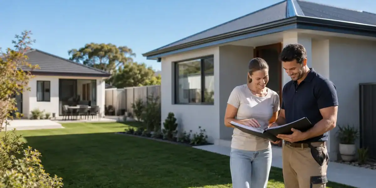 A finished granny flat behind a Perth home with a homeowner and builder reviewing plans