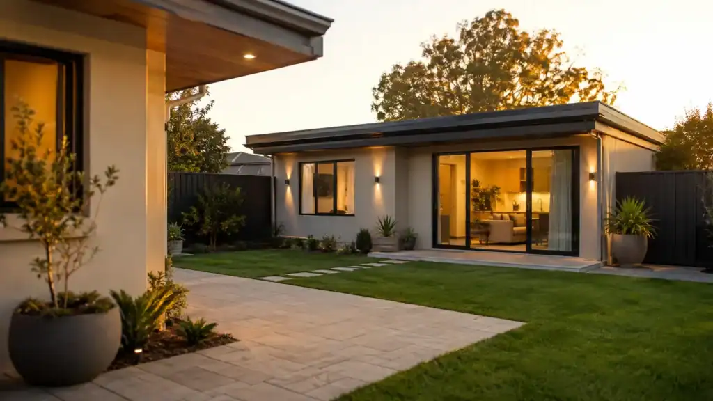 A modern granny flat behind a Perth home at dusk with its lights on