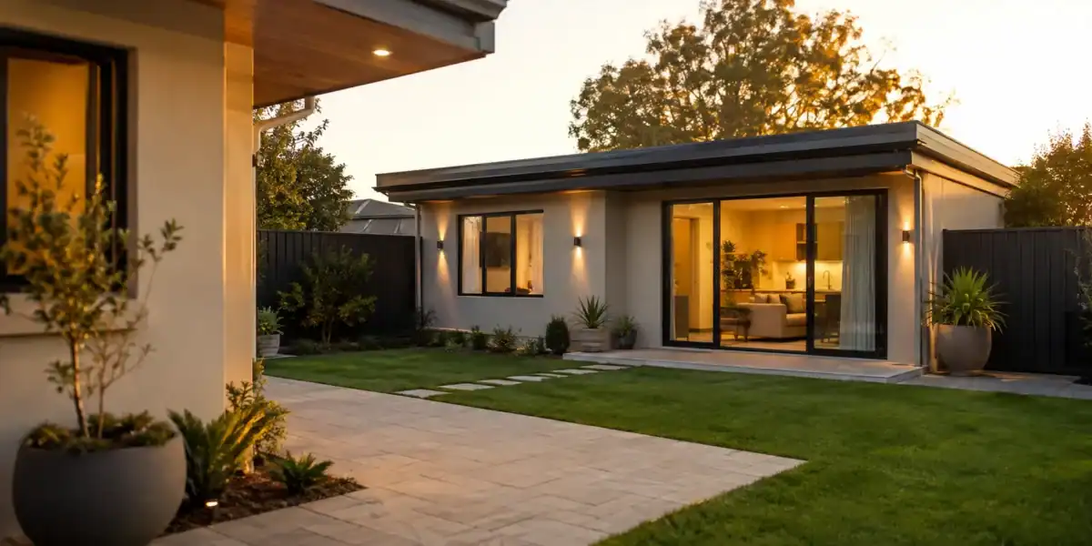 A modern granny flat behind a Perth home at dusk with its lights on