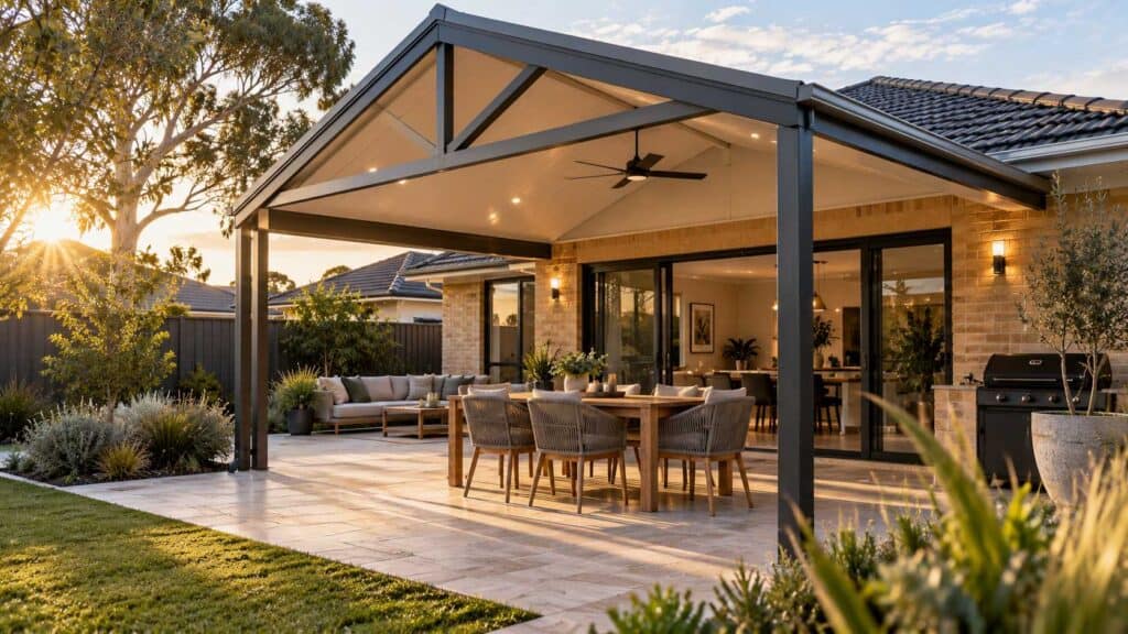 Gable patio attached to a Perth home in afternoon light, the kind of build that needs council approval in WA