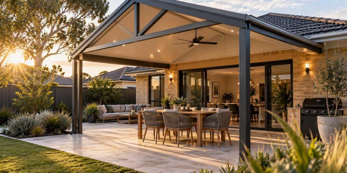 Gable patio attached to a Perth home in afternoon light, the kind of build that needs council approval in WA