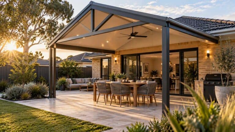 Gable patio attached to a Perth home in afternoon light, the kind of build that needs council approval in WA