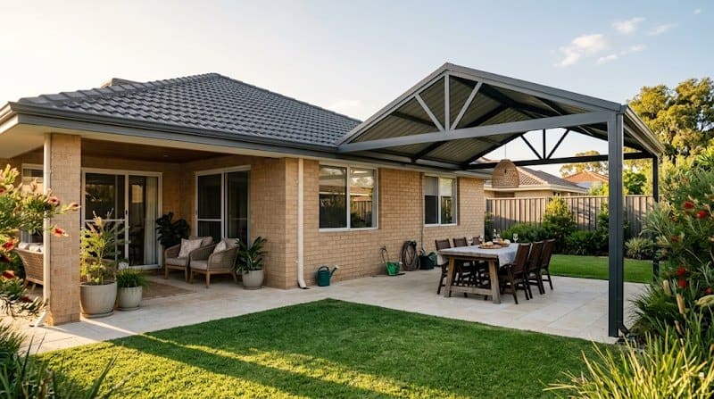 A built-in alfresco under a Perth home's main roof beside a separate aluminium patio extending over the paving.